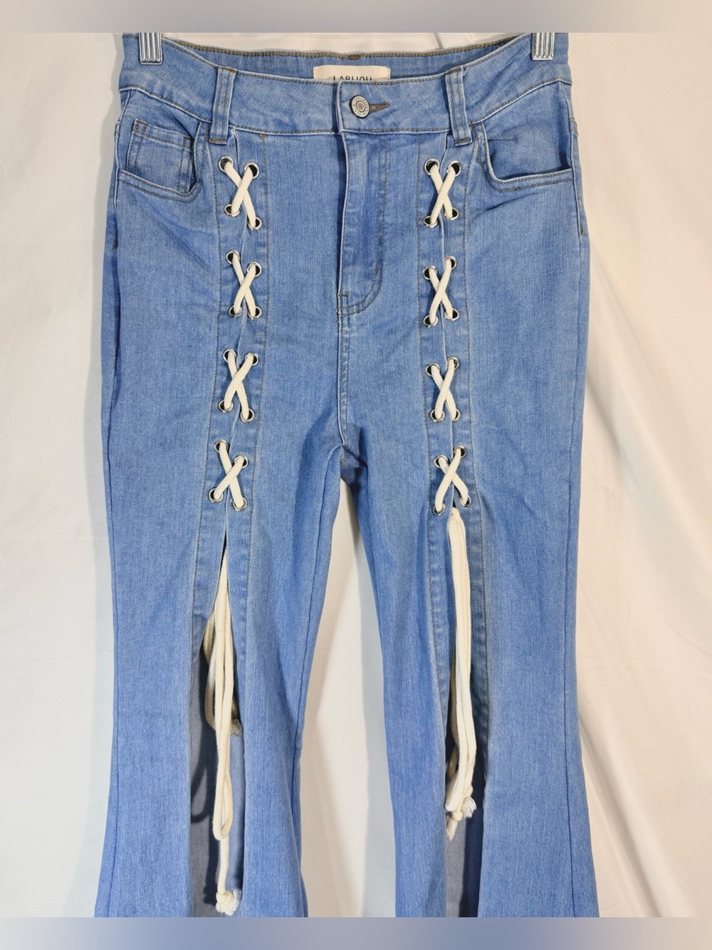 LABIJOU Lace Up Cutout Super Flare Boho Festival Bell Bottom Jeans Size Small - Picture 4 of 11